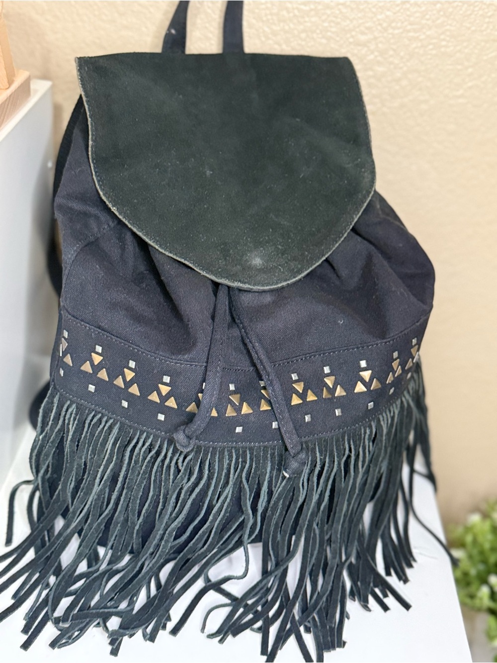 American Eagle Outfitters Black Fringe Backpack with Stud Detail